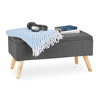 Immagine di Relaxdays Panca con Contenitore, Imbottita, Gambe in Legno, Cassapanca Foderata, HLP 39,5x79,5x39,5 cm, Grigio, 50% Fibra 30% 20% Poliestere, Verde, 1 pz