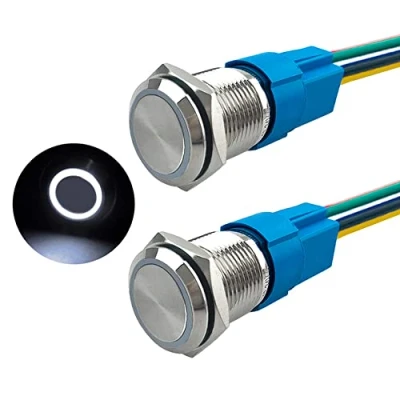 Immagine di Aiqeer 2 Pezzi 16 mm Interruttore a Pulsante Momentaneo, 12V / 24V 5A di Accensione per Auto, in Metallo con Presa Precablata (LED Bianco)