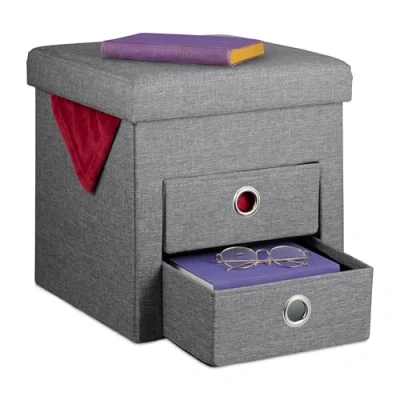 Immagine di Relaxdays Pouf Contenitore Pieghevole, Sgabello Poggiapiedi Imbottito con 2 Cassetti, HLP 39x37x37 cm, Grigio Scuro, Poliestere