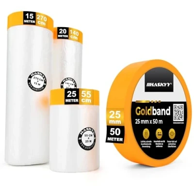 Immagine di HASKYY 60 m di pellicola copertura con nastro adesivo 55 cm + 140 270 dorato 25 mm x 50 82 mq Set 4 pellicole autoadesive per verniciatura