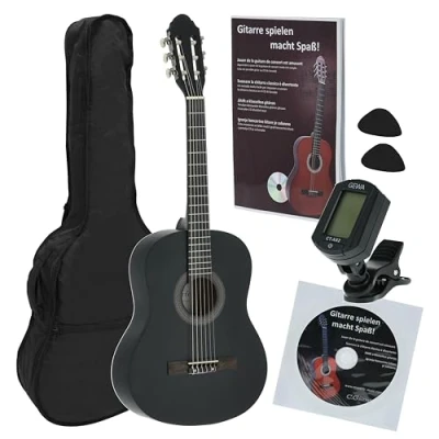 Immagine di JUAN MIGUEL NAVARREZ Chitarra classica 3/4 Starter Set nero (borsa, accordatore, plettri, libro con CD)