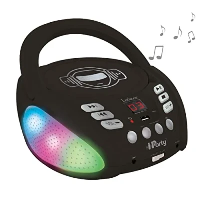 Immagine di Lexibook, iParty, Lettore CD Bluetooth per bambini, portatile, effetti luminosi multicolore, microfono, presa Aux in, alimentazione a corrente alternata o batteria, ragazze, ragazzi, nero, RCD109BK
