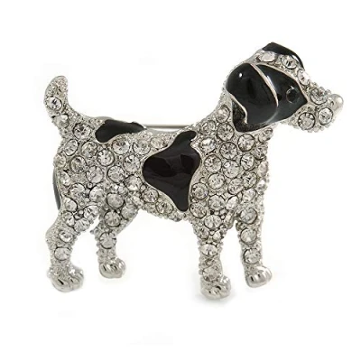 Immagine di Spilla a forma di cane Jack Russell Terrier con cristalli trasparenti e smalto nero, in metallo argentato, 40 mm diametro, Smalto, pietra preziosa, metallo, argento