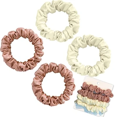 Immagine di Olakin Elastico Per Capelli in Vera Seta[4Pezzi], Small Bande Elastiche Capelli, Accessori Fascia a Coda di Cavallo, Elastici Donna &amp; Ragazza(Bianco e Rosa)