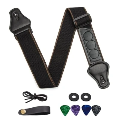 Immagine di SYEYCW Nero Tracolla per Chitarra, Regolabile Cotone con 4 Plettri, 2 Chiusure Cinturino in Gomma, Adattatore Paletta Fibbia, Chitarra Acustico, Elettrico, Basso