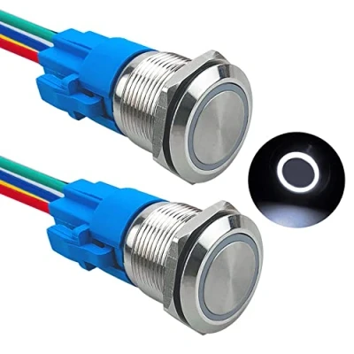 Immagine di Aiqeer 2 Pezzi 19 mm Interruttore a Pulsante Momentaneo, 12V / 24V 5A di Accensione per Auto, in Metallo con Presa Precablata (LED Bianco)