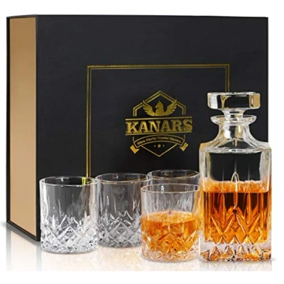 Immagine di KANARS 5 Pezzi Bicchieri e Bottiglie da Whisky, Decanter Whiskey Cristallo, 750 ml Caraffa con 4x 300 Bicchiere per Bourbon, Scotch, Cognac, Martini, Bellissimo Regalo