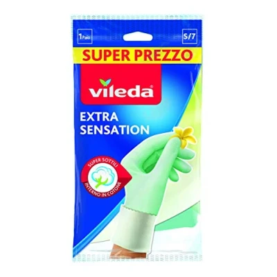 Immagine di Vileda Extra Sensation guanti in lattice con rivestimento interno cotone massima sensibilità al tatto adatto per i lavori domestici più delicati vestibilità aderentetremisureS M Lconfezione da 1 pz