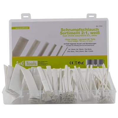 Immagine di SeKi 17410 Assortimento di Tubi termoretraibili, Colore Bianco, 80 Pezzi, in 6 Misure (30 x 1, 10 2,5 mm, 20 4 13 mm) ciascuno cm Lunghezza