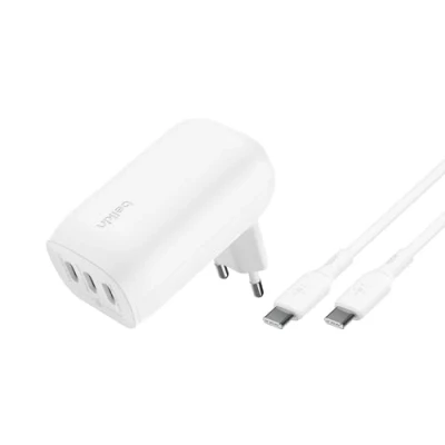 Immagine di Belkin BoostCharge caricabatteria da parete a 3 porte USB C con PPS 67 W, rapido per modelli di iPhone 16, 15, 14, 13, 12, MacBook Pro, AirPods, Galaxy e altri, cavo