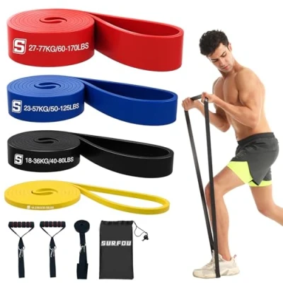 Immagine di SURFOU Elastici Fitness Set con 4 Livelli di Resistenza, Bande Elastiche Borsa, 2 Maniglie, Gancio alla Porta e Guida Esercizi, per Allenamento, Stretching, Pilates, Powerlifting