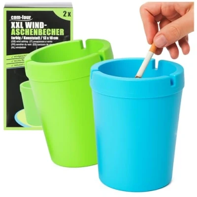 Immagine di com four® 2X posacenere XXL per Esterno Antivento Tazze in Rete con Coperchio Auto, Ø 10 cm (Verde + Blu)