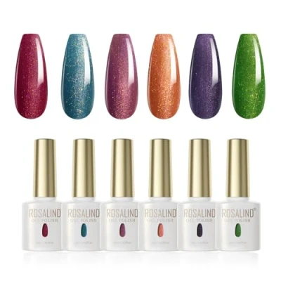 Immagine di ROSALIND Smalto Semipermanente, 6 Colori Dorato Glitterato Effetto Rosso Blu Viola Chiaro Scuro Arancione Verde UV Smalti Semipermanenti per Unghie