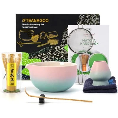 Immagine di TEANAGOO Set da tè giapponese (7 pezzi) di fruste Matcha Ciotola con beccuccio per versare Bamboo Whisk (chasen) Scoop Tea Making Kit. N11, verde graduato rosa