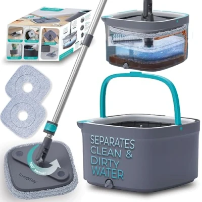 Immagine di True &amp; Tidy Sistema di mocio e Secchio Clean Spin, Include Rotante, per a Doppio Scomparto 2 tamponi in Microfibra Lavabili Spessi, SPIN 800A, Grigio