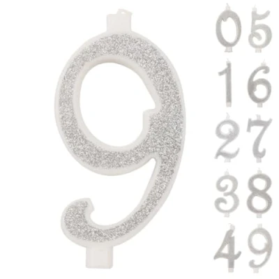 Immagine di Candelina a numero 9 bianca con Glitter Argento 10 cm IDEGOS
