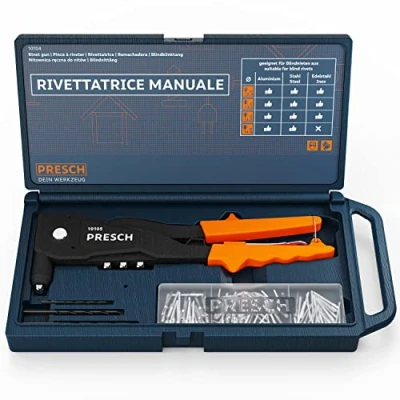 Immagine di PRESCH Set rivettatrice Manuale 79 pezzi. Inclusi nella valigetta: 75 rivetti ciechi, punte HSS compatibili e chiave di montaggio con calibro per pistola