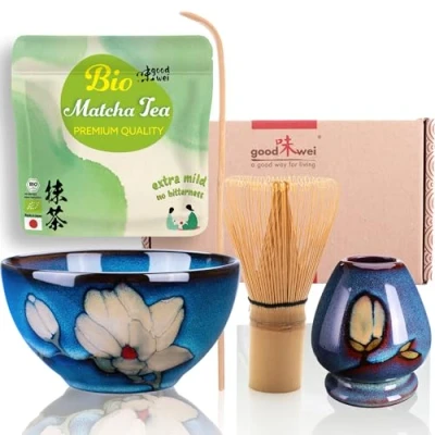 Immagine di Goodwei Set di Matcha Completo Tazza Cerimoniale con frusta e cucchiaio incl. Tè Biologico Giapponese (Magnolia)