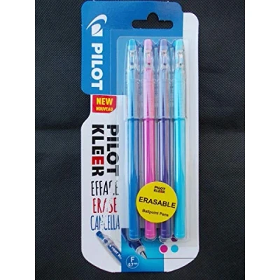 Immagine di Pilot Kleer Penne a sfera cancellabili, 0,7 mm, confezione da 4, viola, rosa, blu e chiaro