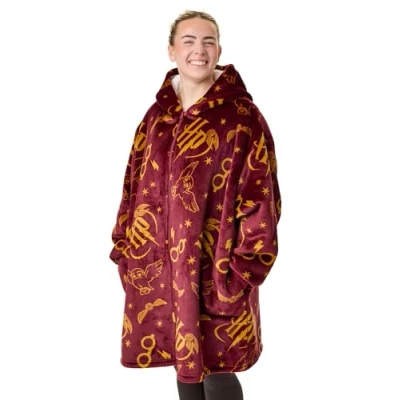 Immagine di Harry Potter Felpa con Cappuccio indossabile da Donna Pile Zip e per Adulti in Borgogna Abbigliamento Lounge Foderato Sherpa Stampa HP Hedwig Owl Tasche