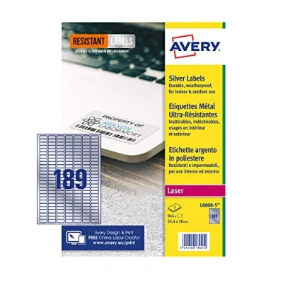 Immagine di Avery L6008 5 etichette resistenti, argento (foglio A4, 25 x 10 mm, 945 etichette)