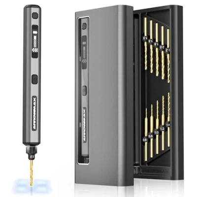 Immagine di Mini trapano elettrico a 4 velocità, ARROWMAX 10 punte piccole con scatola in alluminio, display OLED, luci LED, set di resina per la creazione gioielli, plastica, legno (SDS ULTRA)