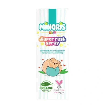 Immagine di Minoris Baby Diaper Rash Spray, contenuto biologico, ossido di zinco, ipoallergenico, vegano, burro karitè, Soothe, Protection Rash, test pediatrici, No Touch, 100 ml