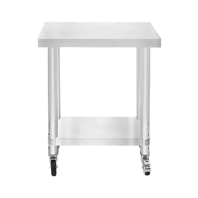 Immagine di Tavolo da cucina in acciaio inox per la preparazione dei cibi con 4 ruote piroettanti 2 freni e piedini adattabili Ripiano inferiore regolabile 3 posizioni Portata 160 kg 60 cm x 30 80