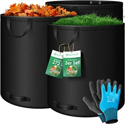 Immagine di KESSER® Set di Sacchi per foglie Sacco rifiuti da giardino incl. Guanti, Robusto e pieghevole, l&#039;erba tagliata giardino, 3x 272 Litri, Nero