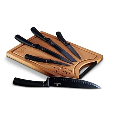 Immagine di BerlingerHaus Black Rose Set di 5 Coltelli da Cucina Professionali, Tagliere in Bambù, Lama Acciaio Inossidabile, Rivestimento Antiaderente Coltello Cuoco, Pane, Affettare, Design Elegante