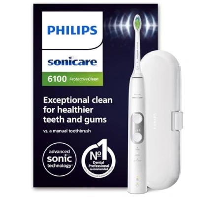 Immagine di Philips Sonicare ProtectiveClean 6100 spazzolino elettrico, sonico con 3 modalità di spazzolamento, sensore pressione, timer e custodia da viaggio, bianco, modello HX6877/28