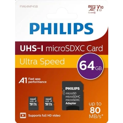 Immagine di Philips Scheda MicroSD da 64 GB, fino a 80 MB/s (R), MicroSDHC con adattatore SD A1 / U1 C10 V10, confezione 2 pezzi, modello n. FM64MP45D