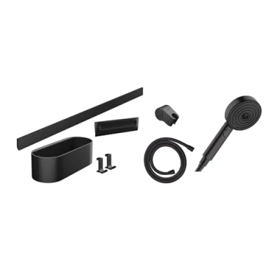 Immagine di hansgrohe WallStoris set da bagno, di accessori per il bagno senza forare, 7 pezzi, con doccetta a risparmio idrico e nero opaco, 24291670