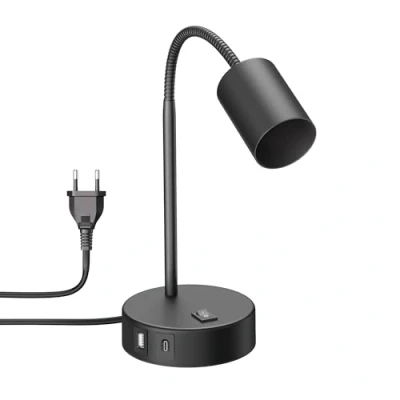 Immagine di ledscom.de lampada da tavolo WAIKA, collo d&#039;oca, interruttore, rotonda, nero, Usb a, c, 1x GU10 max. 15W, comodino, tavolo, Usb, funzione di ricarica,