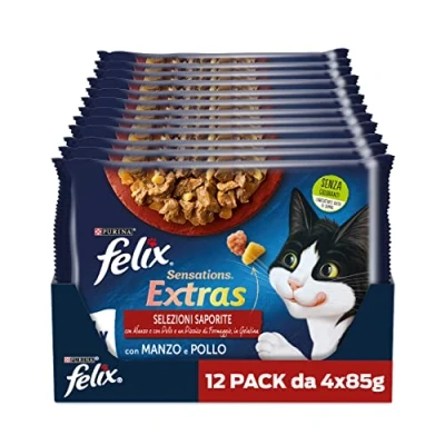 Immagine di Felix Sensations, Extras Cibo Umido per Gatti con Manzo e un Pizzico di Formaggio Pollo Uomo, &amp;, 85 g confezione da 48