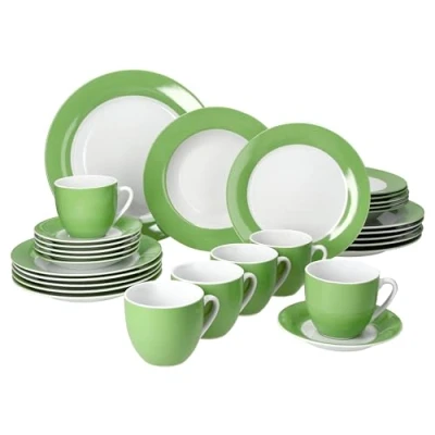 Immagine di MamboCat Servizio combinato Variant, 30 pezzi, in porcellana con bordo verde, per 6 persone, tazze da caffè 200 ml, piattini, piatti torta, fondi e piani