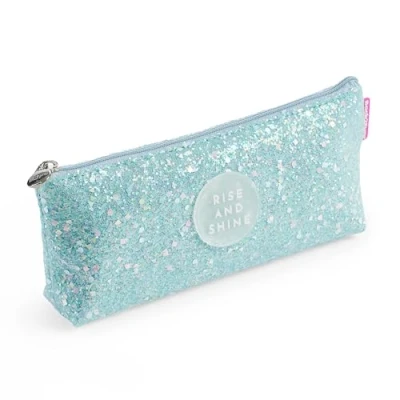 Immagine di Miquelrius astuccio triangolare lucido, 1 vano, dimensioni 200 x 80 35 mm, portapenne con glitter e maniglia metallica, chiusura zip, materiale poliestere, colore blu,