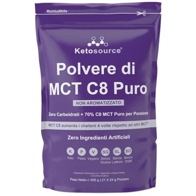 Immagine di Polvere di MCT C8 Puro 4X Aumento dei Chetoni Rispetto ad Altri Zero Carboidrati Supporta la Dieta Keto e il Digiuno Ingredienti Artificiali Non Aromatizzato 500g Ketosource®