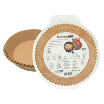 Immagine di Fackelmann Vassoio di carta per friggitrice ad aria, rotonda, polpa legno antiaderente e impermeabile, resistente fino a 230 C, accessori 16 x 4,5 cm, 50