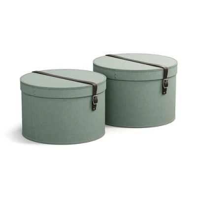 Immagine di BIGSO BOX OF SWEDEN RUT Set di 2 scatole portaoggetti con coperchio scatola rotonda cinturino in pelle grande e piccola fibra carta effetto lino verde menta