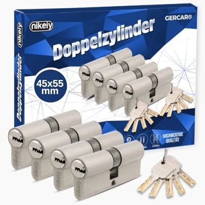 Immagine di GERCAR Pro Cilindro profilato 45/55 massiccio con chiusura simultanea, set di 4 cilindri a doppio cilindro, in ottone opaco, 10 chiavi, chiave reversibile, lunghezza: 100 mm, A:45, larghezza:
