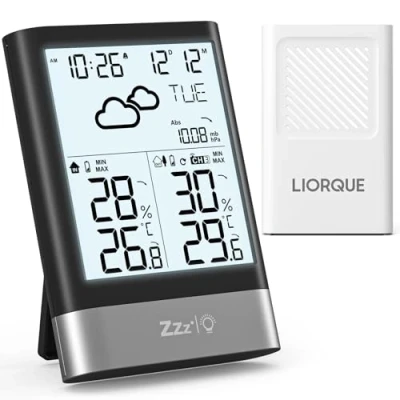 Immagine di LIORQUE Stazione Meteo con Sensore Esterno, Meteorologica Wireless Sveglia, Previsioni del Tempo, Data, Temperatura,Umidità, Retroilluminazione Regolabile, Nero (Batteria Inclusa)