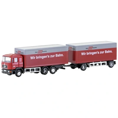 Immagine di Minis by Lemke LC4608 N Camion modello MAN F90, treno di sospensione per valigie a 3 assi Rail Cargo Austria (OBB)