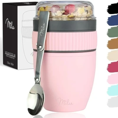 Immagine di Milu muesli cup to go 400ml I bicchiere di plastica per yogurt a prova perdite con cucchiaio yogurt/porridge (rosa)