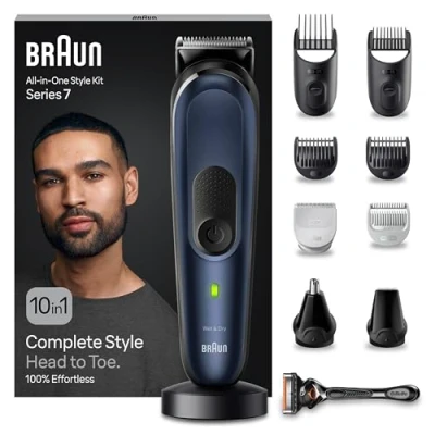 Immagine di Braun REGOLABARBA STYLING KIT, Tagliacapelli Uomo, Rasoio Elettrico Barba e Capelli, 10 in 1 per Barba, Corpo, Naso Orecchie, 100 Minuti Di Utilizzo, Idea Regalo, MGK7410 Blue