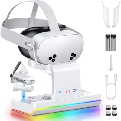 Immagine di Dock Ricarica Rapida per Meta Quest 3S, Stazione Compatibile con Visore, Controller e Cinturino Elite, Luci RGB 2 Batterie Ricaricabili, Caricatore Magnetico 3S VR Accessori