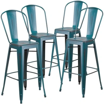Immagine di Flash Furniture Confezione da 4 sgabelli Bar in Metallo Invecchiato per Interni ed Esterni con Schienale Alto 76,2 cm, Kelly Blue Verde Acqua, Set di 4, unità