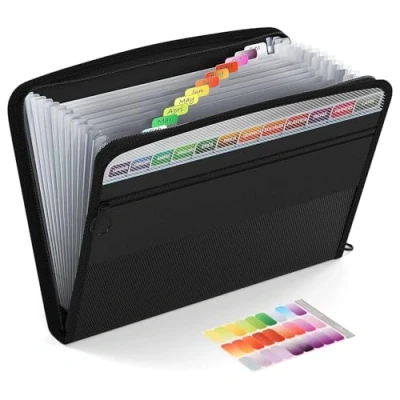 Immagine di ThinkTex Cartella Portadocumenti A4, 13 Tasche, Fisarmonica Espandibile,Multicolore Raccoglitore Impermeabile con Scomparto Cerniera (Nero)