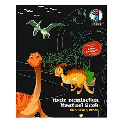 Immagine di Ursus 24530002F Il mio magico libro per grattacieli draghi e dinosauri, dimensioni circa 21 x 26 cm, con splendidi effetti di colore 12 mandala da colorare, incluso bastone in legno, colorato