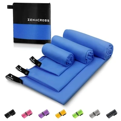 Immagine di Zenacross Asciugamano Palestra (Set di 3) con Borsa per il Trasporto Microfibra a Rapida Asciugatura e Versatile Telo Taglie S, M, L Blu